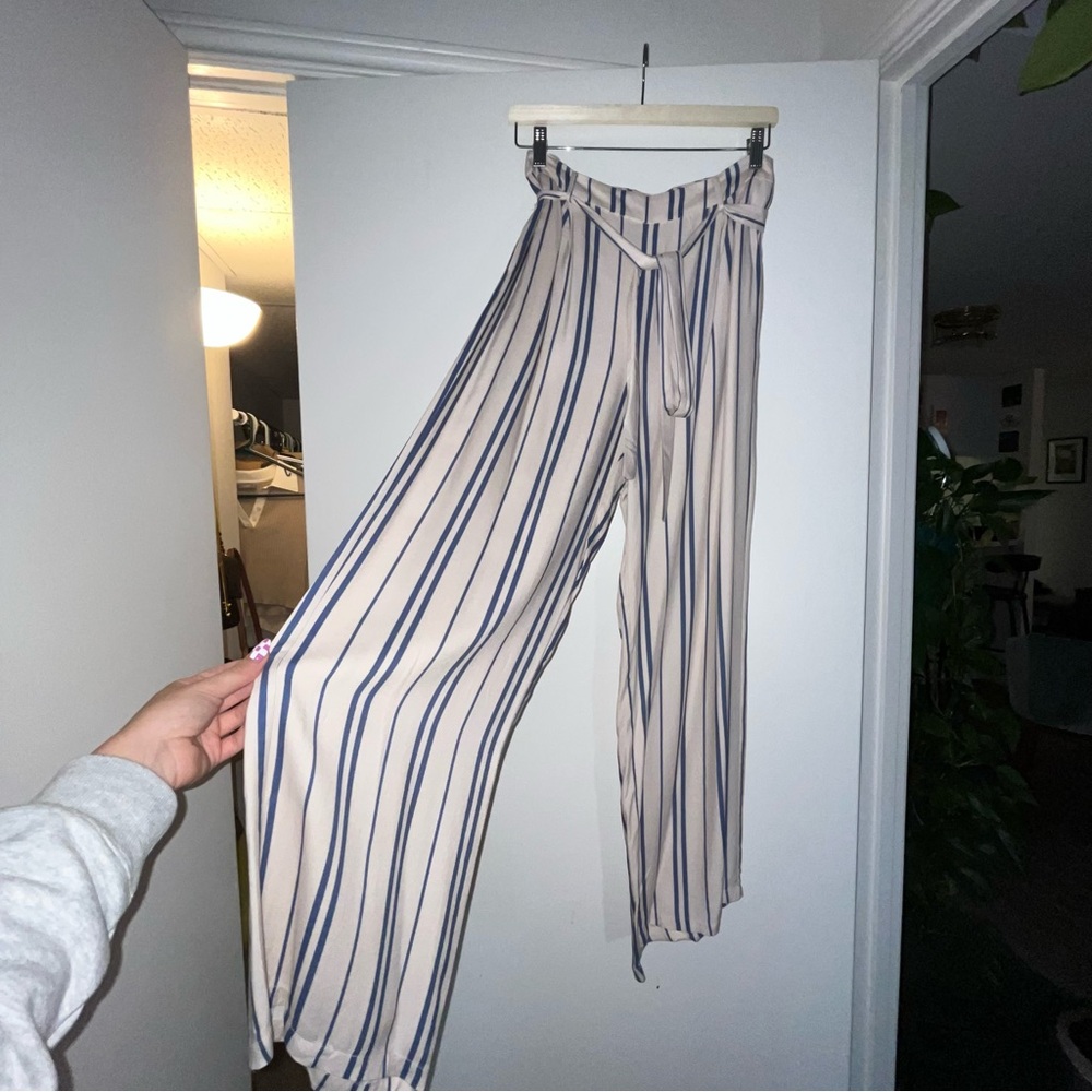 Lucy Paris - Striped Cream and Blue Women's Belted Trousers